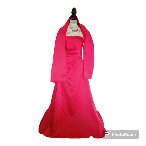 Red Strapless A-Line Ball Gown with Shawl - Picture 2 of 9